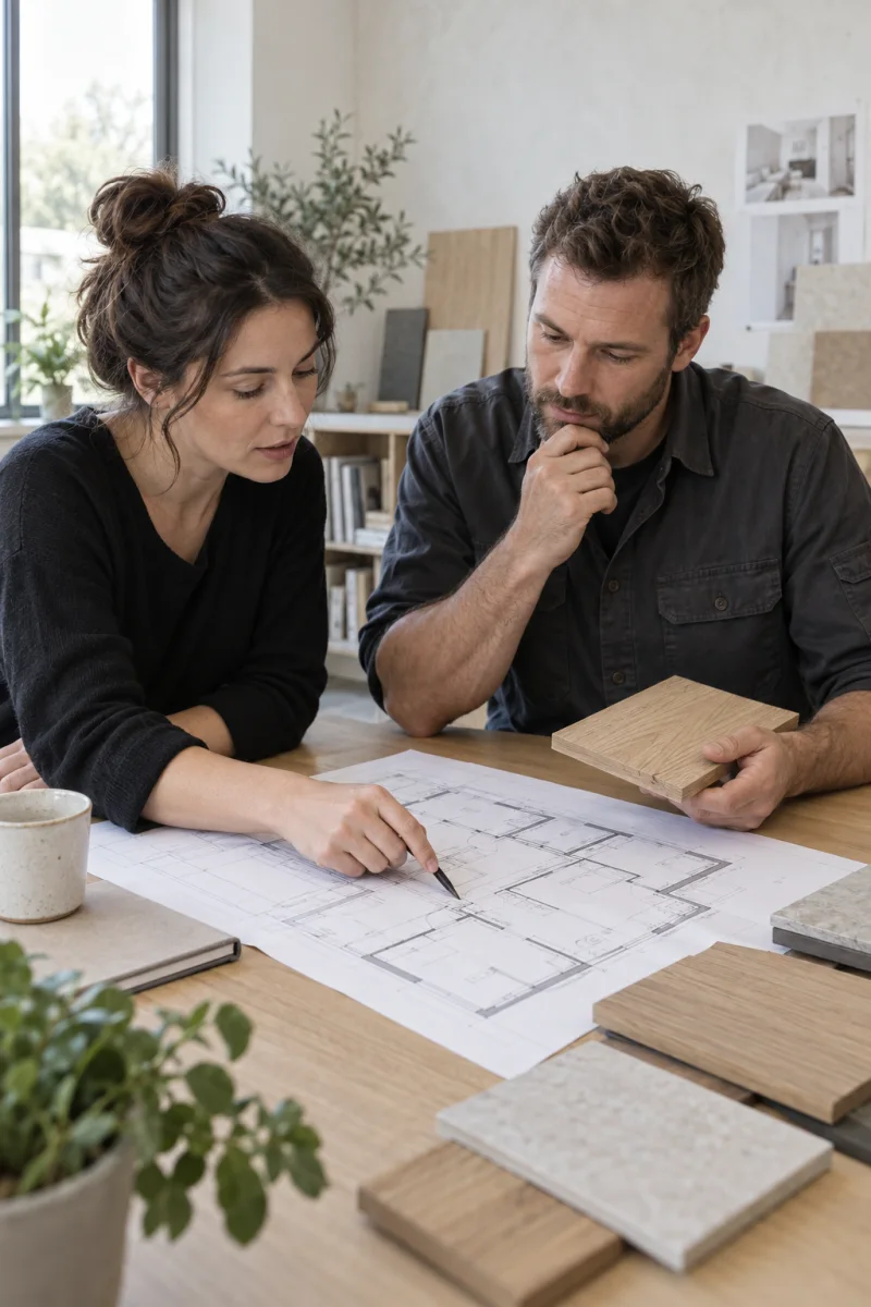 Illustratives Planungsgespräch zwischen Architektin und Tischler
