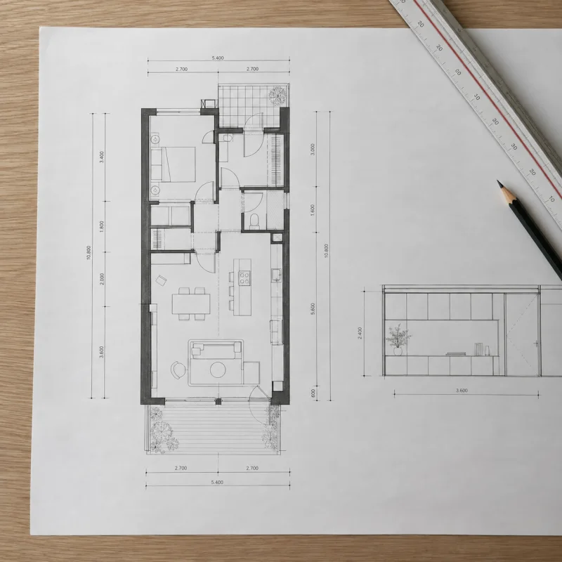 Illustration eines Architekturplans mit Grundriss und Innenansicht