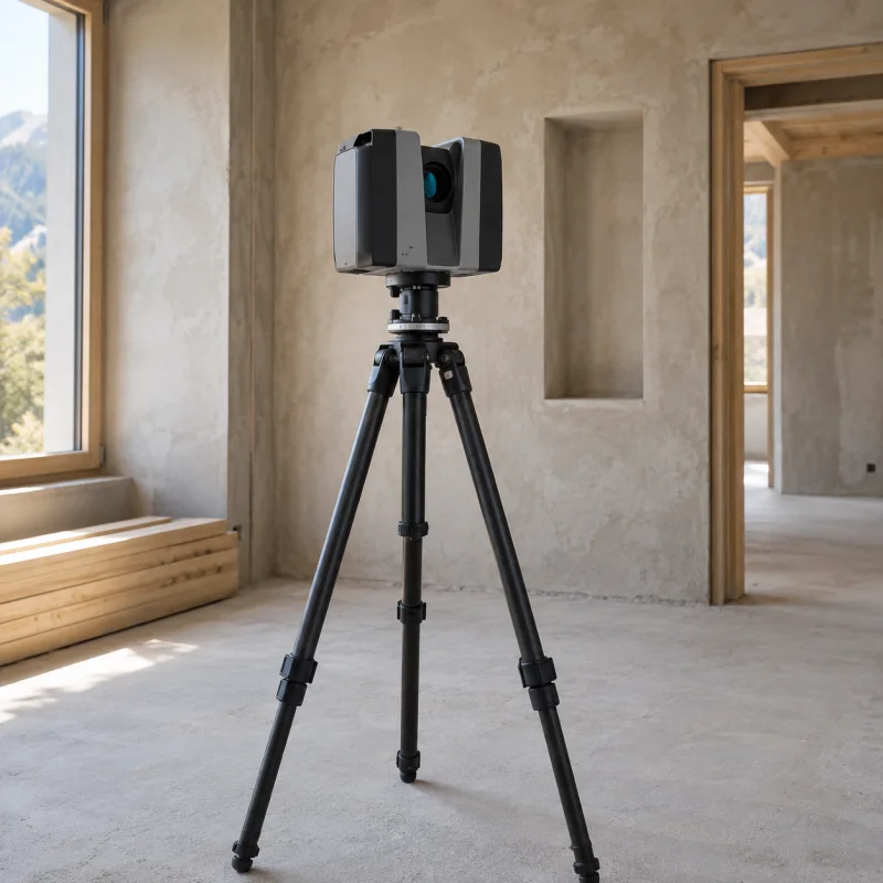 Illustration eines 3D-Laserscanners auf Stativ beim Raumaufmaß